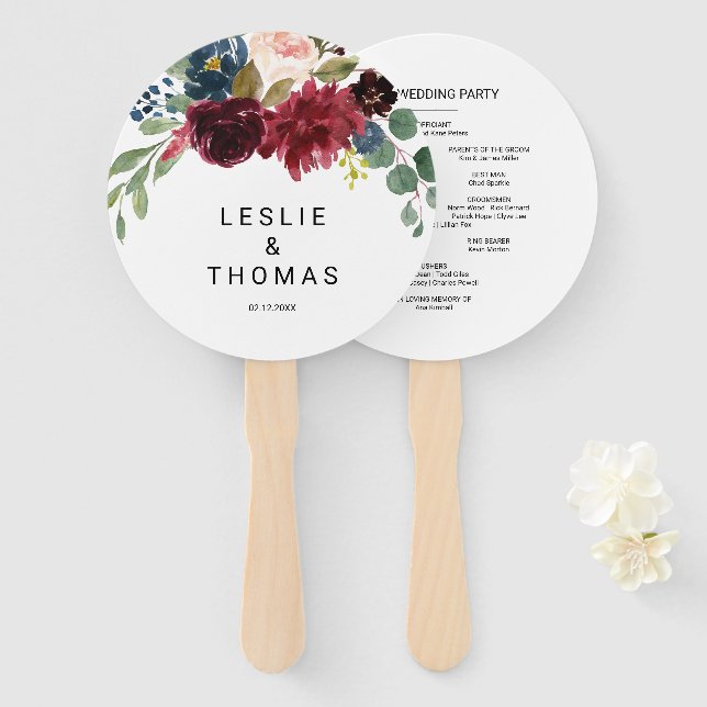 Autumn Rustic Dazzling Burgundy Wedding Hand Fan (Front and Back)