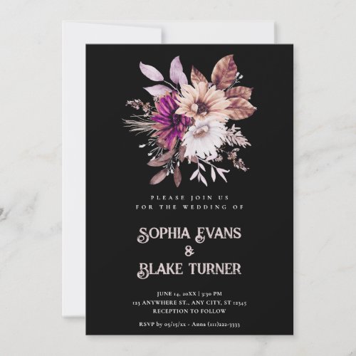 Autumn Rustic Floral Botanical Black Wedding Invitation
