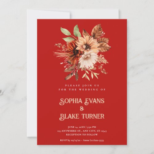 Autumn Rustic Floral Botanical Crimson Red Wedding Invitation