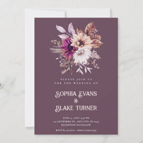 Autumn Rustic Floral Botanical Eggplant Wedding Invitation