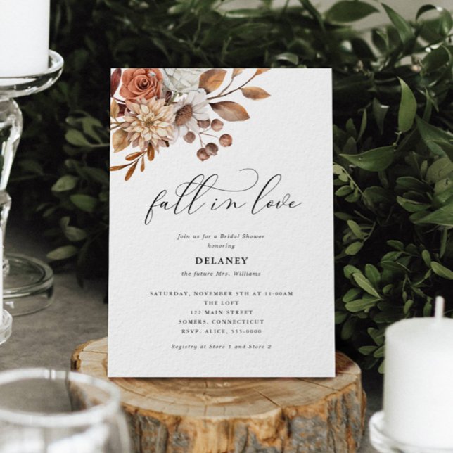 Autumn Rustic Floral, Fall in Love Bridal Shower Invitation (Autumn Beauty: Watercolor Blooms and Fall Leaves )