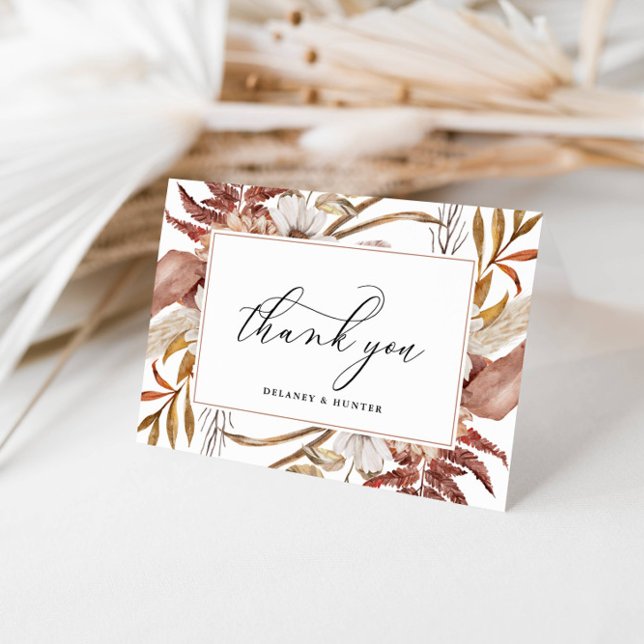 Autumn Rustic Floral Framed Personalized Thank You Card (Autumn Beauty: Watercolor Blooms and Fall Leaves )