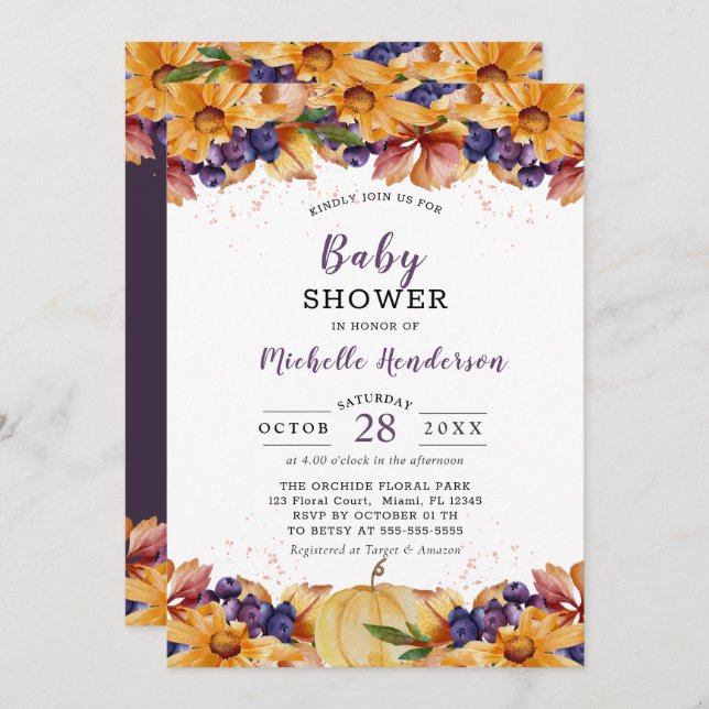 Autumn Rustic floral Purple Baby Shower Invitation (Front/Back)