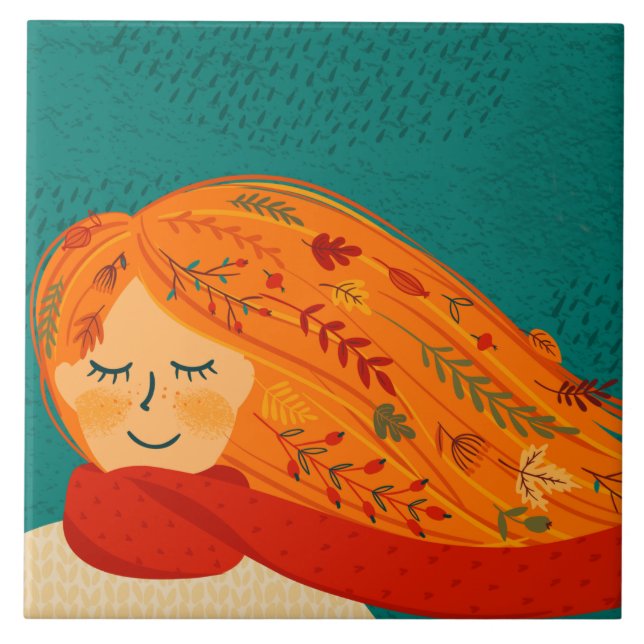 Autumn Rustic Girl Leaves and Rain Ceramic Tile (Front)
