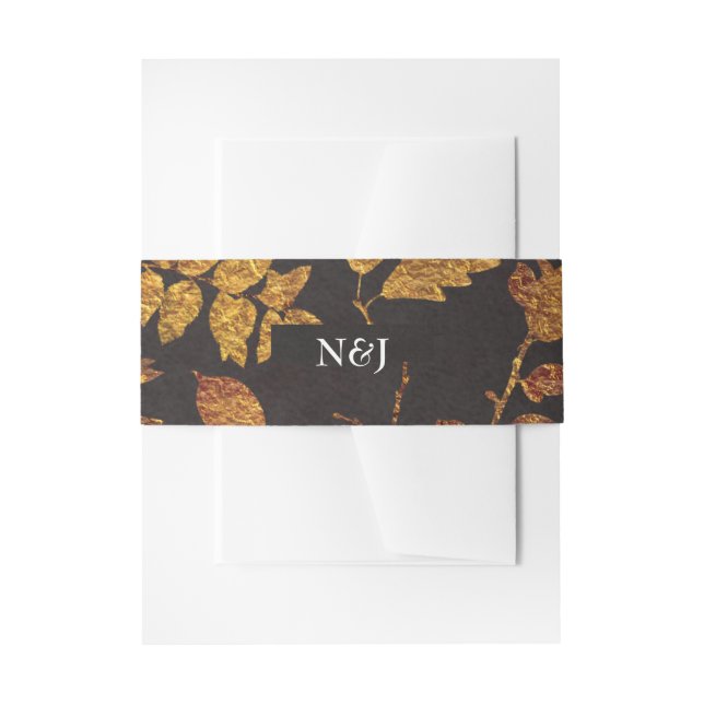 Autumn Rustic Golden Leaves Elegant Fall Wedding Invitation Belly Band (Front Example)