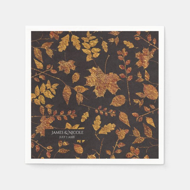 Autumn Rustic Golden Leaves Elegant Wedding Paper Napkins (Front)