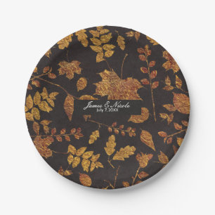 Autumn Rustic Golden Leaves Elegant Wedding Paper Plates