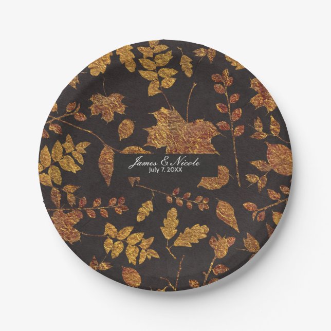 Autumn Rustic Golden Leaves Elegant Wedding Paper Plates (Front)