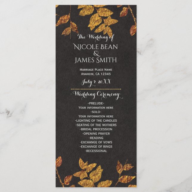 Autumn Rustic Golden Leaves Wedding Program (Front)