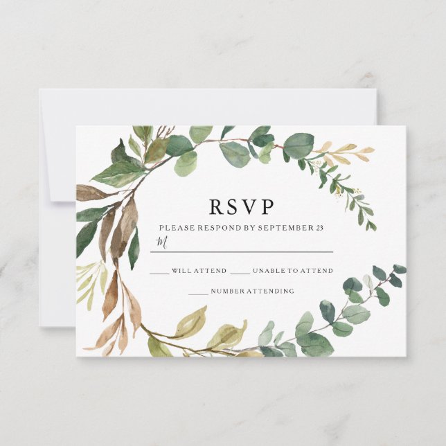 Autumn Rustic Leaf Wreath Modern Wedding RSVP Card (Front)