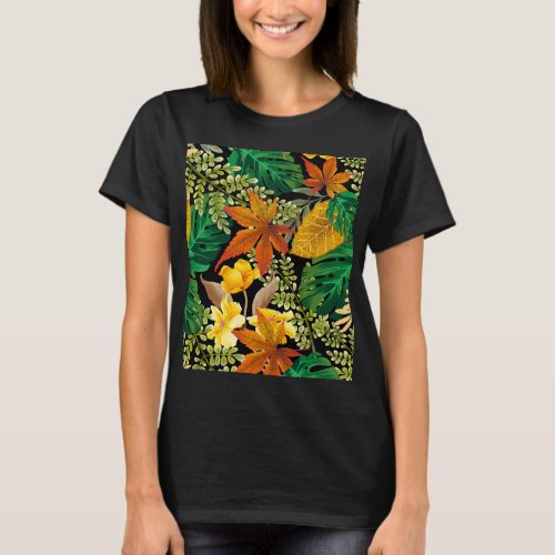 Autumn Rustic Maple Leaves on Dark Background  T_Shirt