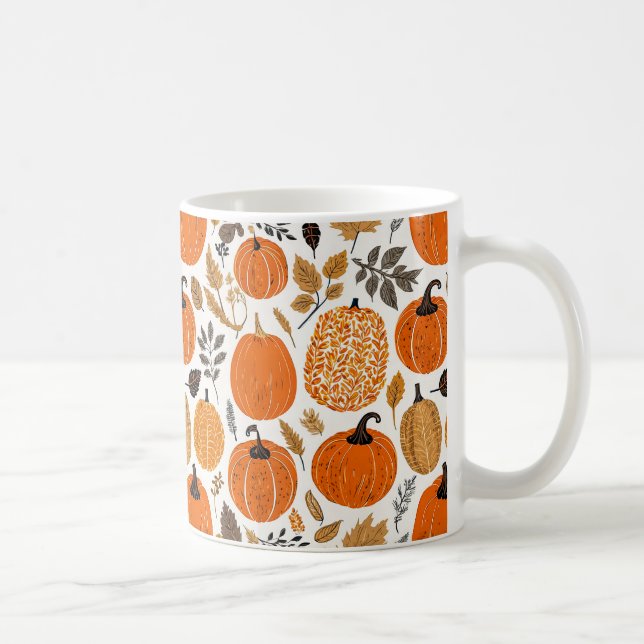 Autumn Rustic Orange Pumpkins Foliage Pattern Coffee Mug (Right)