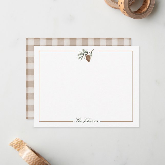 Autumn Rustic Pinecone Personalized Stationery Note Card (Front/Back In Situ)