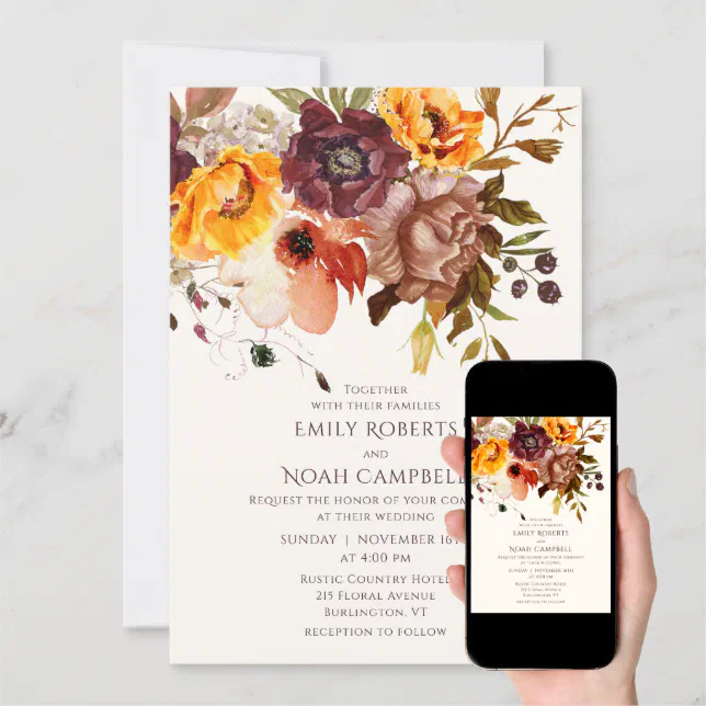 Autumn Rustic Plum Orange Floral Invitation Zazzle 7854