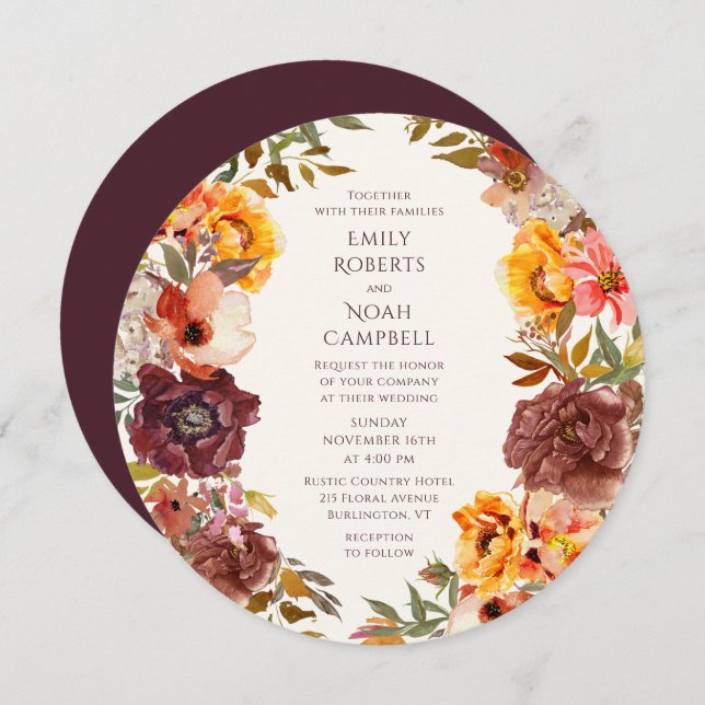 Autumn Rustic Plum Orange Floral Wedding Invitation (Front/Back)