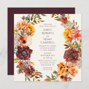 Autumn Rustic Plum Orange Floral Wedding Invitation