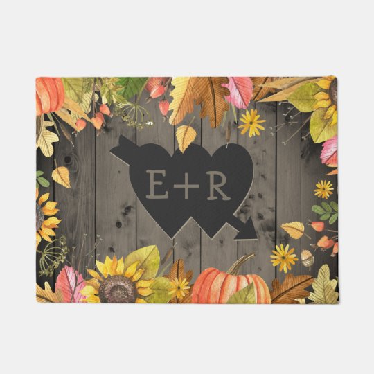 Autumn Rustic Wood Romantic Hearts Initials Doormat Zazzle Com