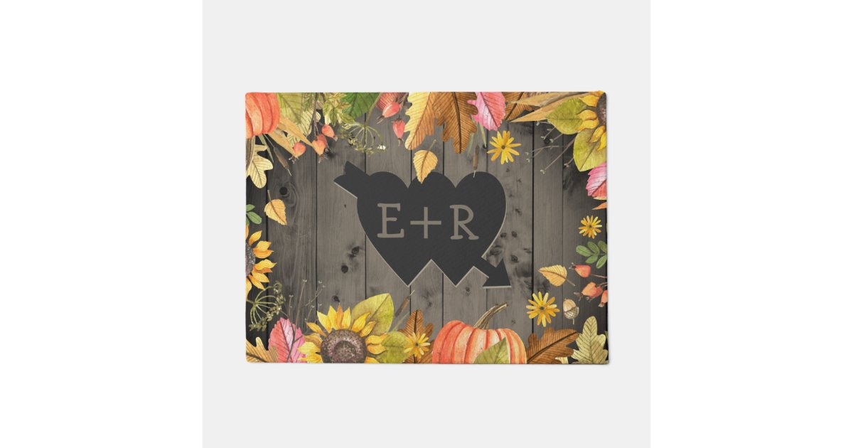 Autumn Rustic Wood Romantic Hearts Initials Doormat Zazzle Com
