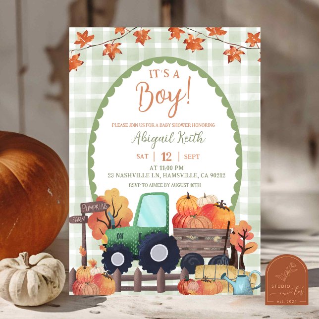 Autumn Sage Green Pumpkin Tractor Boy Baby Shower Invitation (Creator Uploaded)