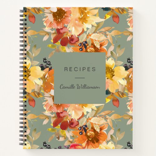 Autumn Sage Green Watercolor Floral Custom Recipe Notebook