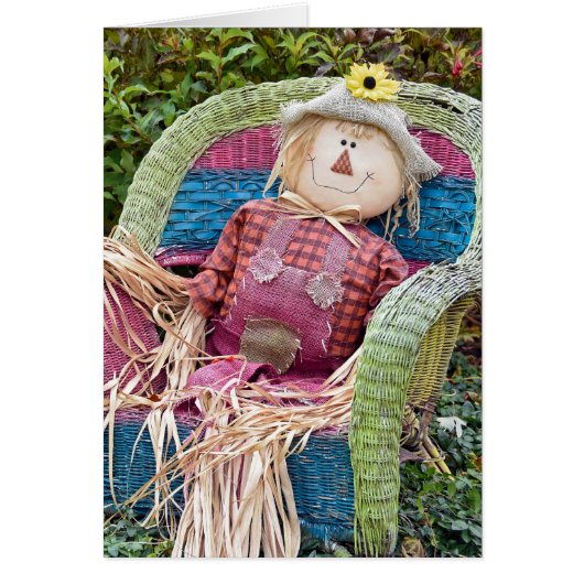 Autumn scarecrow in wicker chair cards (Front)