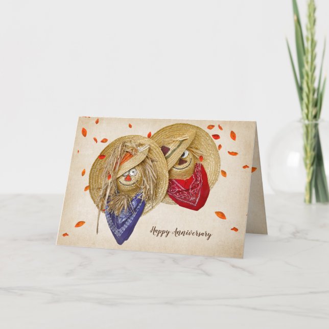 Autumn scarecrow straw hats anniversary card (Front)