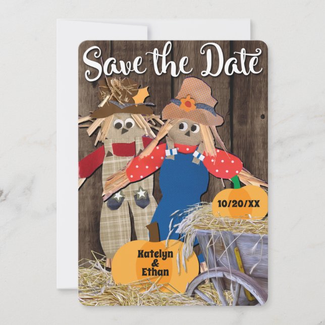 Autumn Scarecrows Fall Wedding Save The Date (Front)