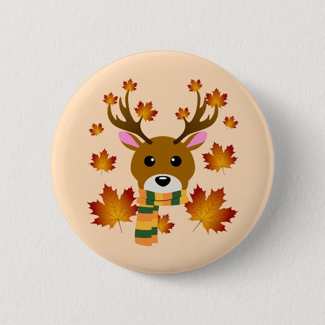 Autumn Scarf Deer Maple Leaves Button (Front)