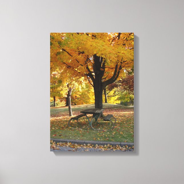 Autumn scene with picnic table. canvas print (Front)