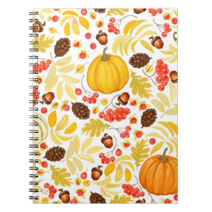 Autumn seamless background with pumpkins, acorns, notebook