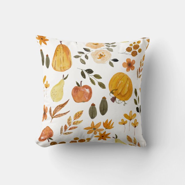 Autumn Seamless Pattern Pumpkin & Fall Leaves Throw Pillow (Front)