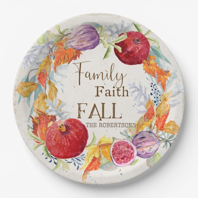 Autumn Season Family Faith Fall Harvest Leaves Art Paper Plates (Front)