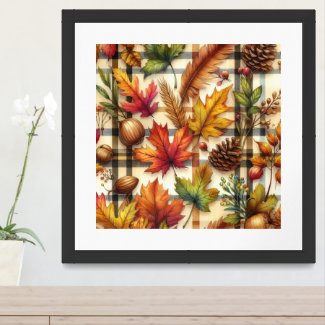 Autumn Season  Leaf Collage on Plaid Modern Home  Framed Art