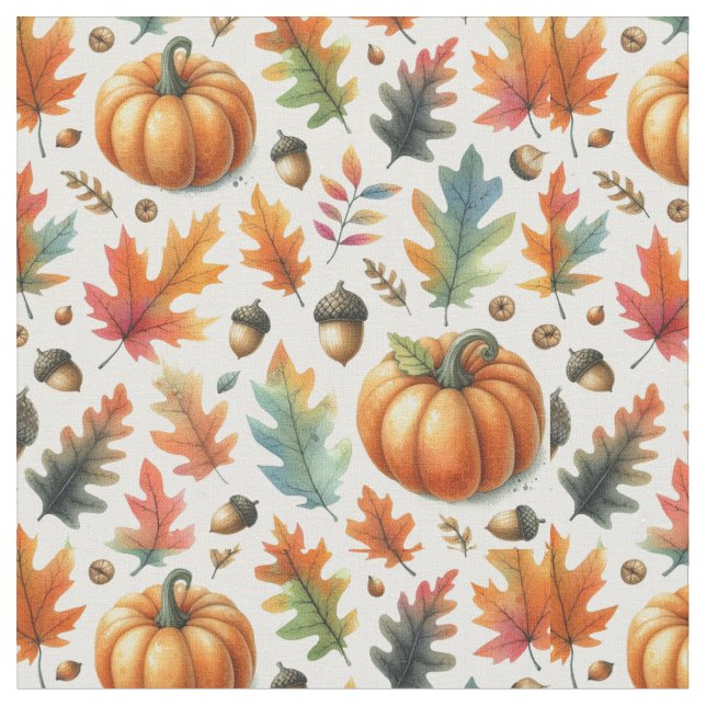 Autumn Season Leaves and Pumpkin Pattern  Fabric (Close Up)