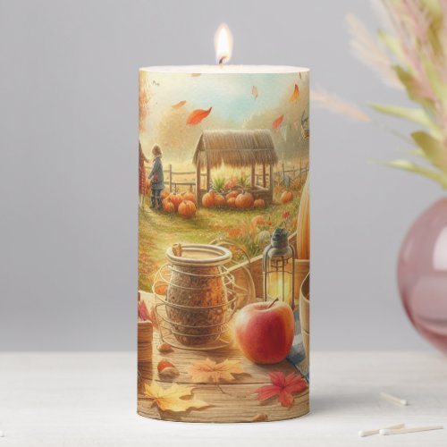 Autumn Season Leaves Pumpkin Pillar Candle