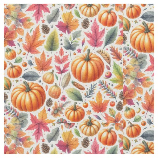Autumn Season Pumpkin  Pattern on White  Fabric