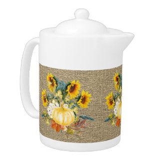 Autumn Season Pumpkin Sunflower on Burlap Teapot
