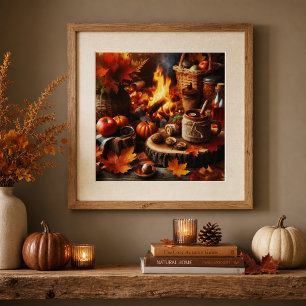 Autumn Season Pumpkins and Camp Fire AI Poster