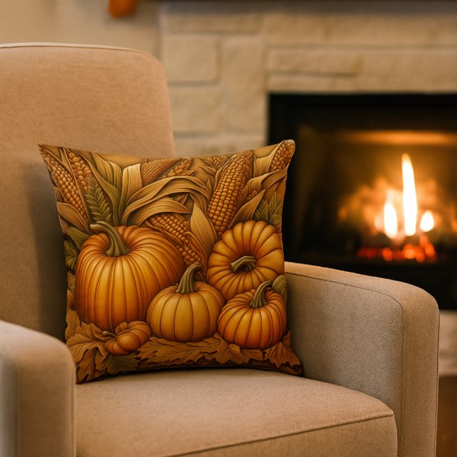 Autumn Season Pumpkins Decorative  Throw Pillow (Cozy Autumn Pumpkin Harvest  Throw Pillow )