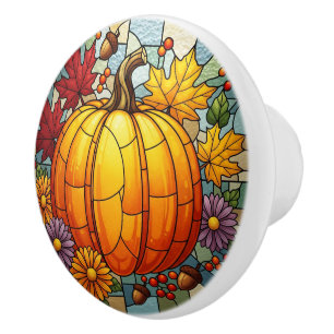 Autumn Seasonal Knob, Pumkin, colored leafs Ceramic Knob