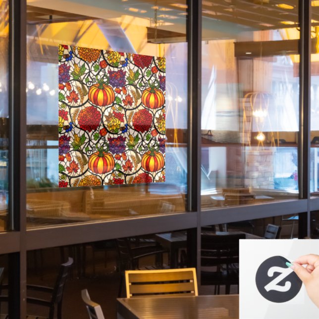 Autumn Seasonal, pumkins, flowers /stainless glass Window Cling (Restaurant Window)