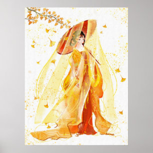 Autumn Serenity: Japanese Geisha Watercolor Poster