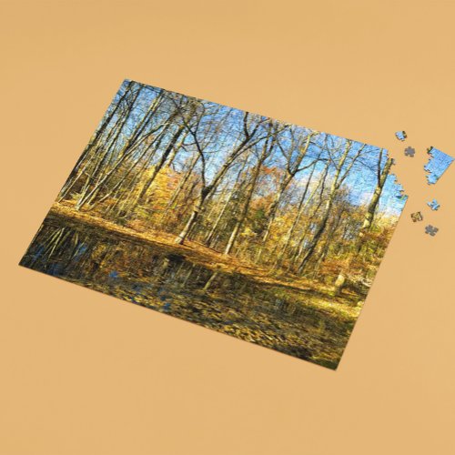 Autumn Serenity Tranquil Reflections by the Pond Jigsaw Puzzle