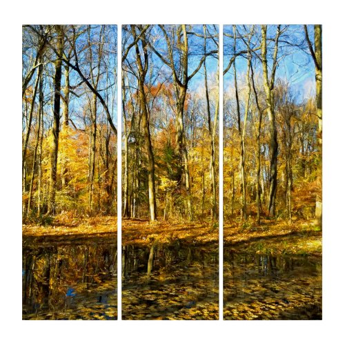 Autumn Serenity Tranquil Reflections by the Pond Triptych