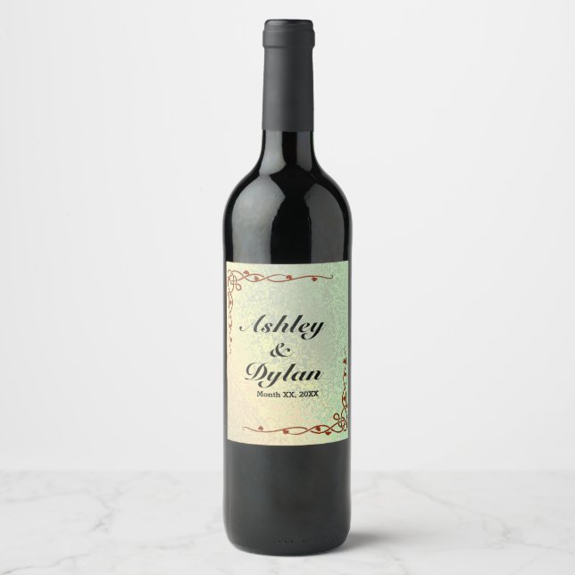 Autumn Shades Green Yellow Wedding Wine Label (Front)