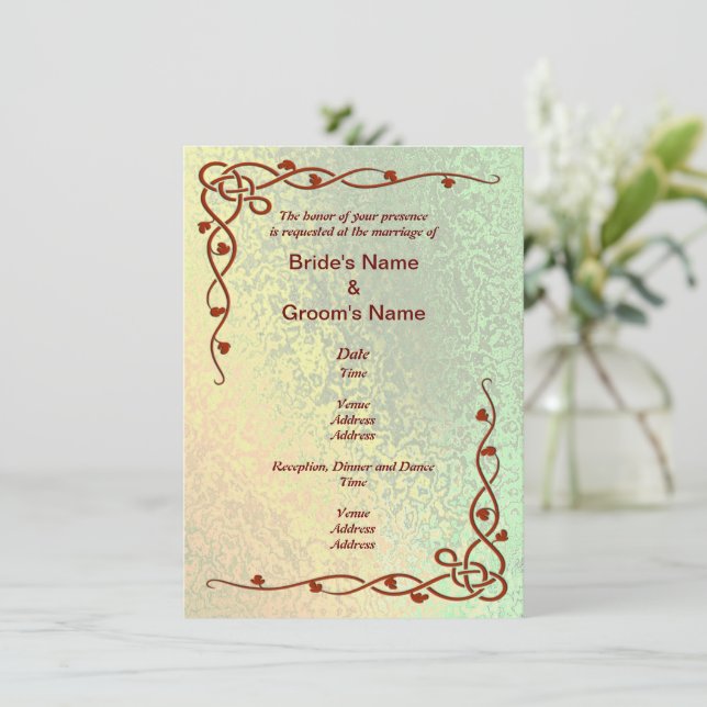 Autumn Shades of Green and Yellow Abstract Wedding Invitation (Standing Front)