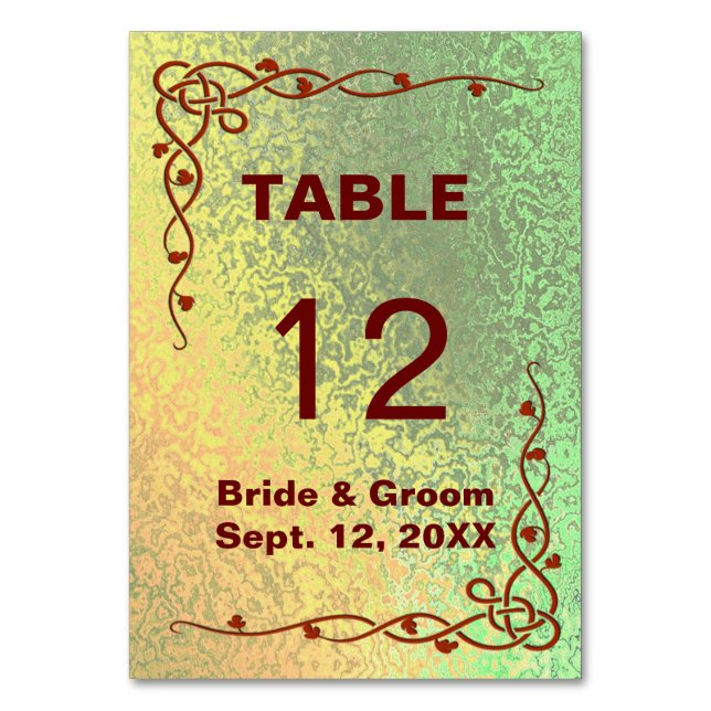 Autumn Shades of Green Yellow Wedding Table Card (Front)
