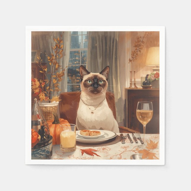 Autumn Siamese Cat Hostess at Dinner Thanksgiving Napkins (Front)