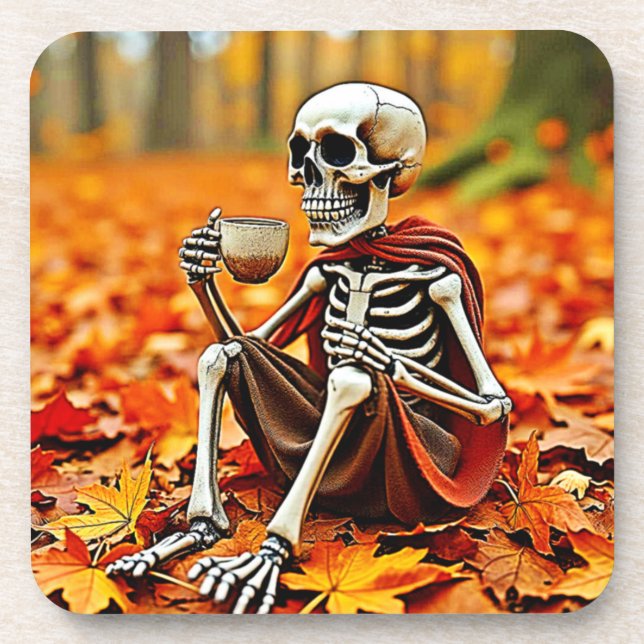 Autumn Skeleton Coffee Break Design Beverage Coaster (Front)