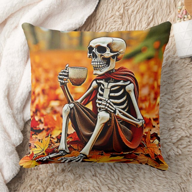 Autumn Skeleton Coffee Break Design Throw Pillow (Blanket)